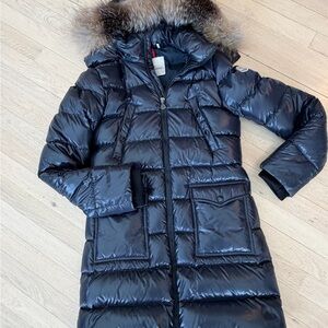 Moncler Glossy Black Puffer Coat with Fur Trim